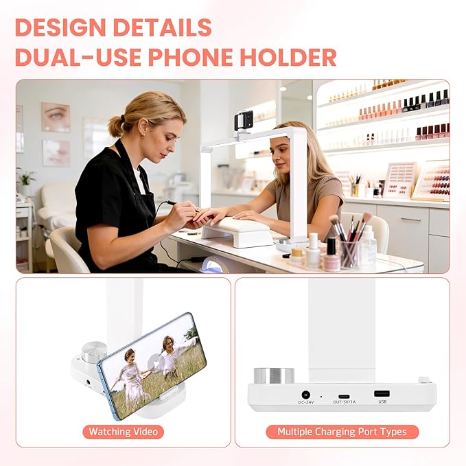 Half Moon Light for Nail Desk, Large Square Table Lamp Suitable for Manicures, Tattoos, Eyelash Extensions, and Sewing, Desk Light with Phone Holder and Charging Port, White, 2 Packs