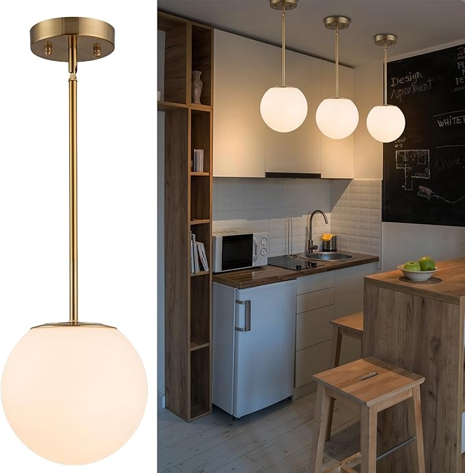 Mid Century Modern Pendant Light – 1-Light Gold Globe with White Glass Shade, Brushed Brass Finish, Adjustable Height for Sloped Ceilings, Hanging Light for Kitchen Island