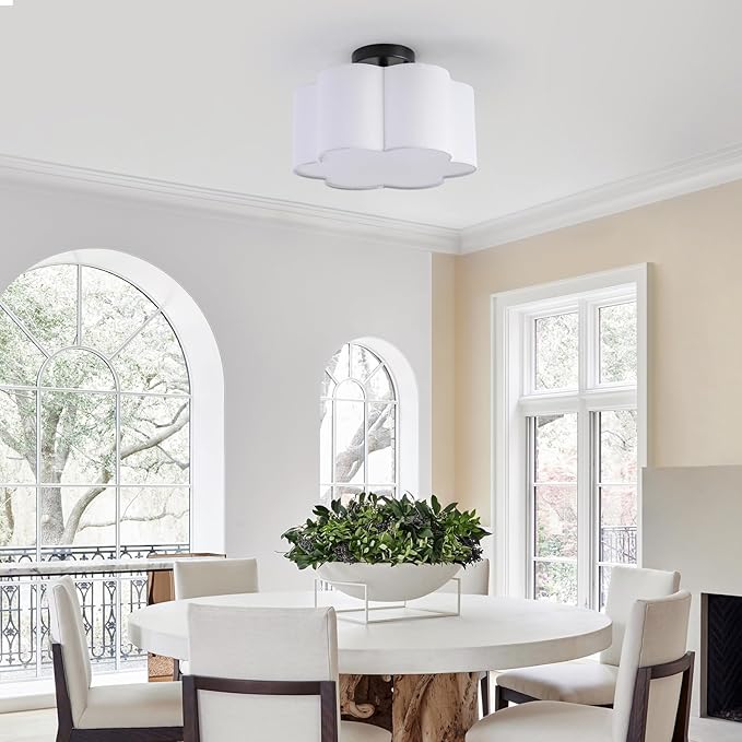 Semi Flush Mount Ceiling Light, Modern Close to Ceiling Lamp with White Flower Fabric Shade 3-Light Farmhouse Brass Ceiling Light for Nursery Bedroom Kitchen Hallway Entryway