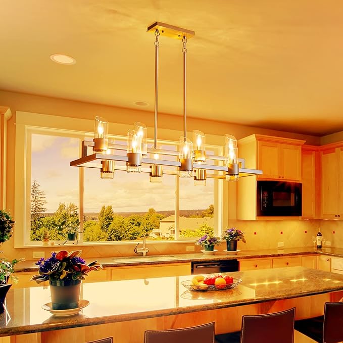 WUZUPS Island Rectangle Chandelier 10-Light with Clear Glass Industrial Modern Farmhouse Linear Light Fixture for Dining Room Kithen Island, Width 42.5" Height 10.4", Brushed Nickel