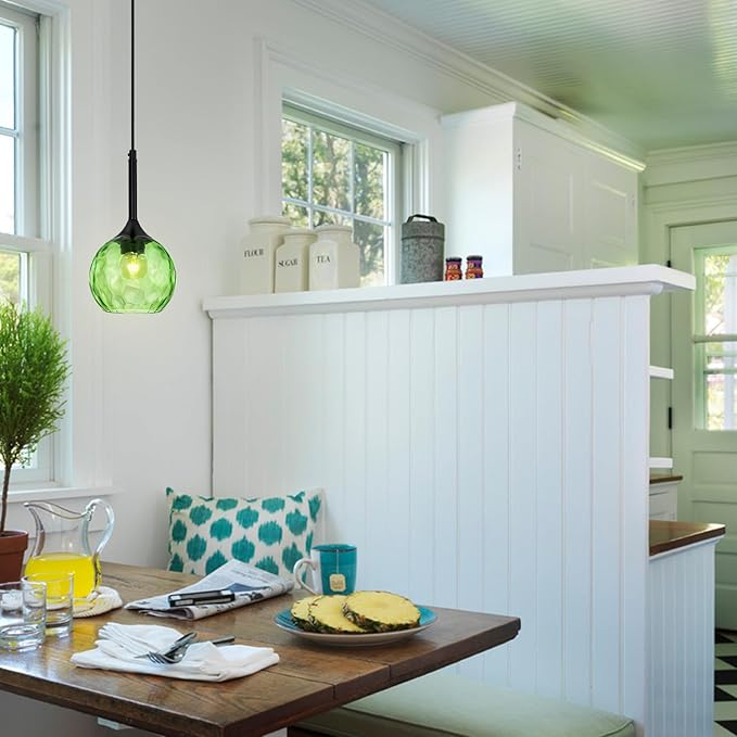 JHLBYL Glass Pendant Lights Kitchen Island: 5.91'' 1-Light Green Hammered Glass Pendant Light with Black Finish - Modern Minimalist Hanging Light Fixture for Kitchen Sink Dining Room - E26 Base