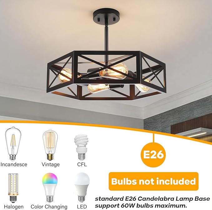 Black Semi Flush Mount Ceiling Lights, Sloped Dining Room Light Fixture Farmhouse Hexagon Chandelier, Kitchen Island Pendant Lighting Adjustable Height for Entryway Hallway Foyer