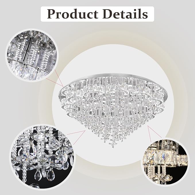 Flashing God Dia 48“ Modern Crystal Chandelier Living Room Large Chandeliers Dinning Room Crystal Raindrop Chandelier Flush Mount Ceiling Light LED Dimmable 2700k 4500k 6000k