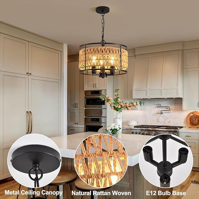 lobolighting Boho Rattan Chandelier, 11.8" 3-Lights Farmhouse Pendant Light with Hand Woven Drum Shade, Modern Black Chandelier for Dining Room Living Room Kitchen Island Bedroom