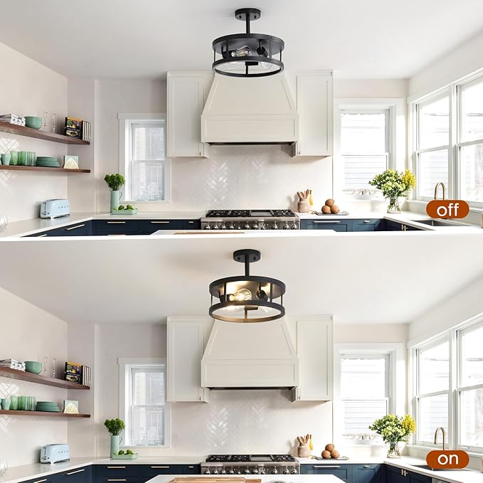 Black Close to Ceiling Light Fixtures 2 Pack, 13 Inch Farmhouse Semi Flush Mount Ceiling Light, 3-Lights E26 Indoor Metal Cage Drum Flush Mount Ceiling Light for House Hallway Kitchen Bedroom