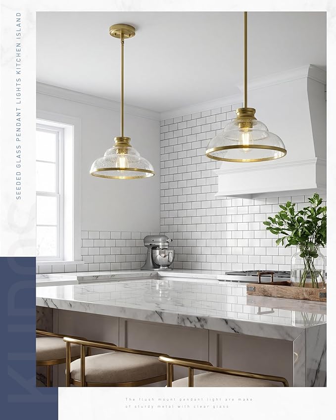 kudos 2 Pack Gold Pendant Lights Kitchen Island, 11" Brass Kitchen Island Lighting with Seeded Glass, Farmhouse Pendant Light fixtures for Kitchen Sink Dining Room Hallways, KDPL14-GD-2PK