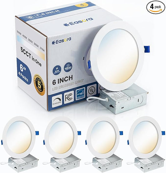 Recessed Lighting 6 Inch 4Packs, 5CCT 2700K-5000K Anti-Glare LED Can Lights, 12W 1080LM High Brightness Dimmable Recessed Lights, Easy-to-Install Wafer Light with Junction Box, ETL & FCC & IC