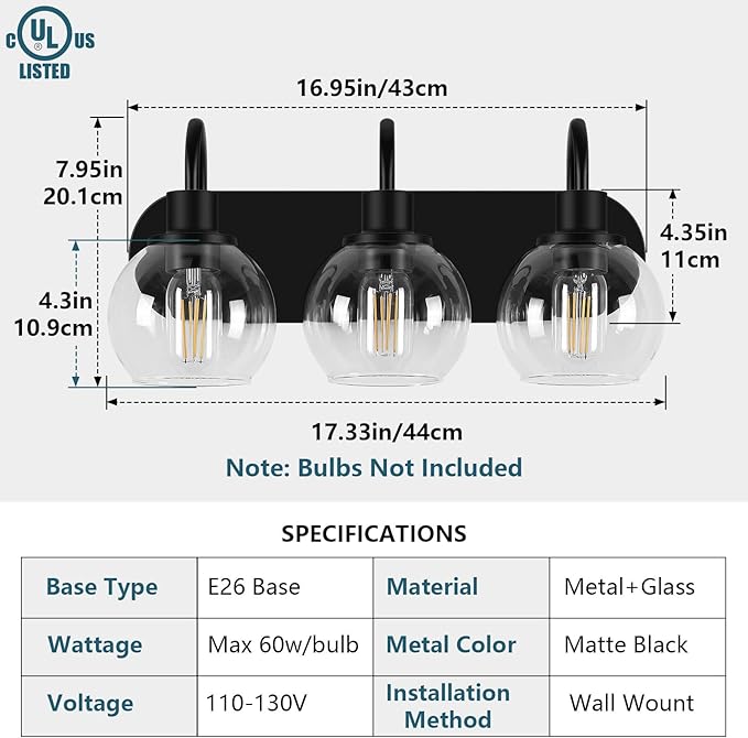 Dpyrrhic Bathroom Vanity Light,Modern 3-Light Bathroom Lighting Fixtures Over Mirror with Clear Glass Shade and Metal Base,Matte Black Bathroom Lighting