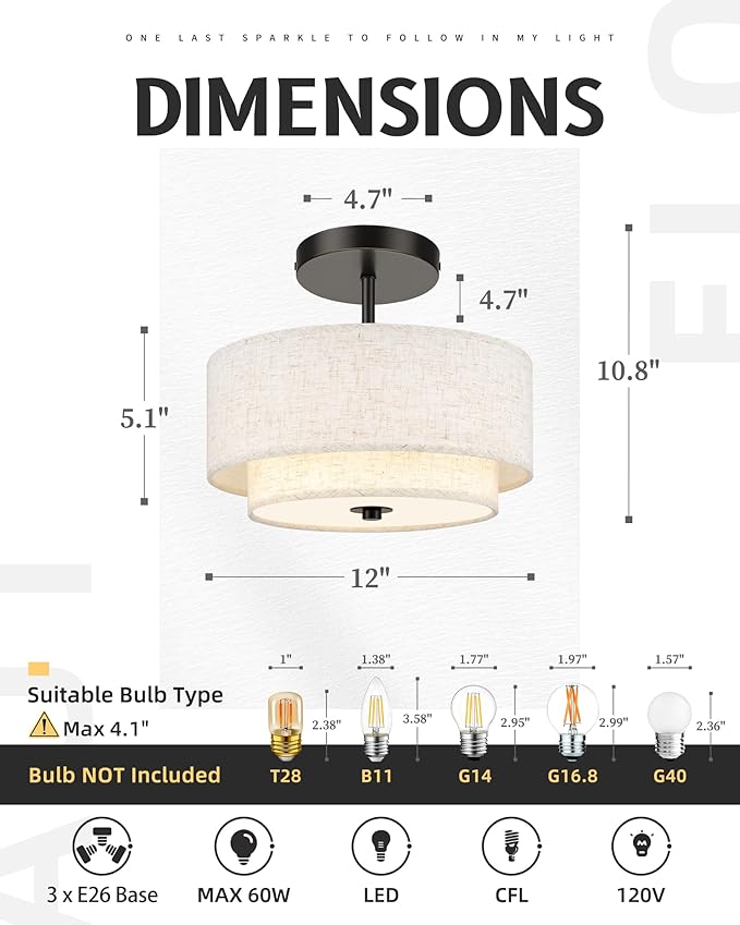 AUTELO Black Semi Flush Mount Ceiling Light, 3-Light 12" Flush Mount Ceiling Light in Black Finish with Drum Fabric Shade for Hallway Bedroom Kitchen, C2506 BK-12