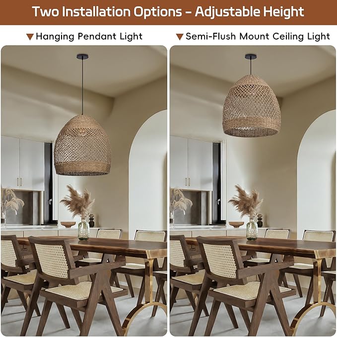 17.7" Boho Rattan Chandelier for Dining Room, 1-Light Hand Woven Pendant Light Fixture with Wicker Lampshade, Coastal Hanging Pendant Lighting for Kitchen Island Bedroom Living Room Nursery