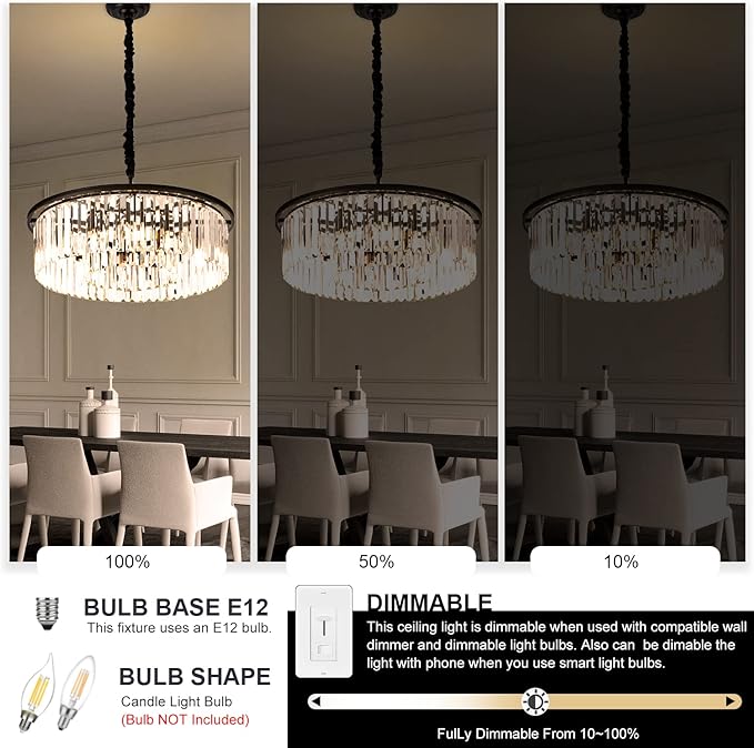 23" Black Crystal Chandelier 8-Light Modern Crystal Pendant Ceiling Light Fixture 2 Rings Luxury Chandeliers,for Dining Room Kitchen Island Living Room Bedroo