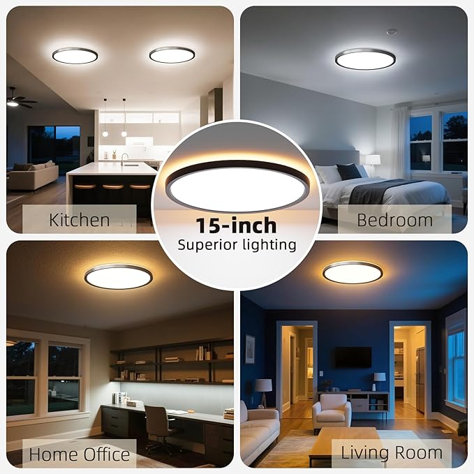 15 Inch LED Flush Mount Ceiling Light with Night Light, 30W 3000LM, 5CCT-2700K/3000K/4000K/5000K/6500K & Dimmable, Black Round Ceiling Light for Bedroom, Kitchen