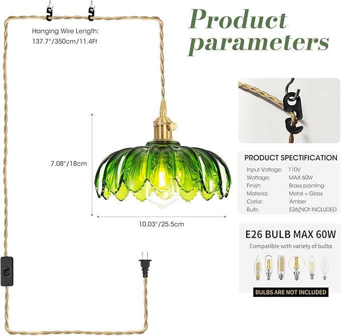 Plug in Pendant Light, Hanging Lights with Plug in Cord, Hanging Light Fixture with Green Glass, E26 Pendant Lighting for Kitchen Island, Bedroom, Dining Room, Living Room