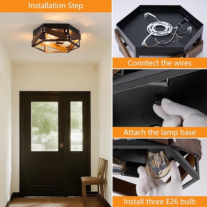 Farmhouse Flush Mount Ceiling Light, 3-Light Hallway Lights with Metal and Wood, Industrial Kitchen Light Fixtures Ceiling Mount, Rustic Black Chandelier for Bedroom Living Room Bathroom