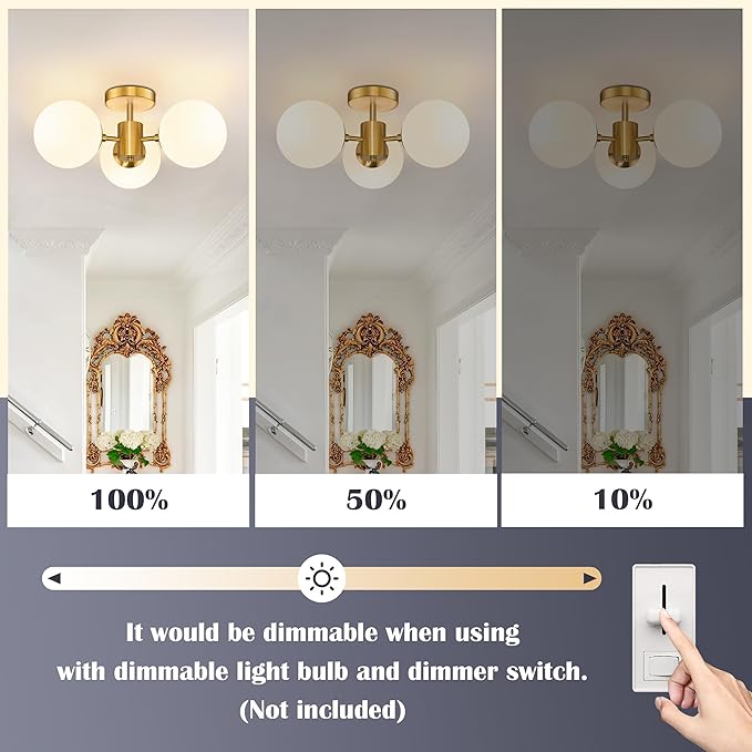 Mid Century Modern 19 Inch Brass Semi Flush Mount Ceiling Lights 3-Light Frosted Globe Glass Gold Chandelier Modern Light Fixtures Ceiling Lights Fixture for Bedroom Hallway Entryway