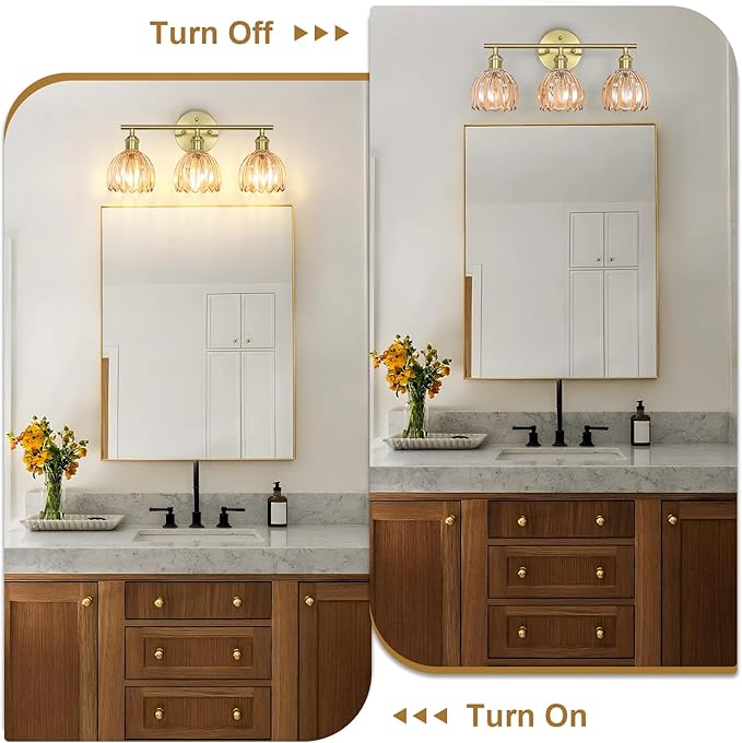 Vintage Bathroom Light Fixtures,3-Light Hardwired Vanity Lights with Amber Tulip Glass Shade,Gold Bathroom Vanity Light for Mirror Restroom,E26 Socket,18.5 in(Bulbs Not Included)