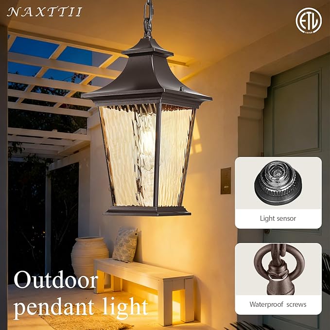 Outdoor Pendant Lights for Porch 16.5" Large Dusk to Dawn Outdoor Chandelier with Water Ripple Glass Oil Rubbed Bronze Modern Hanging Porch Light with Adjustable Chain E27 Socket