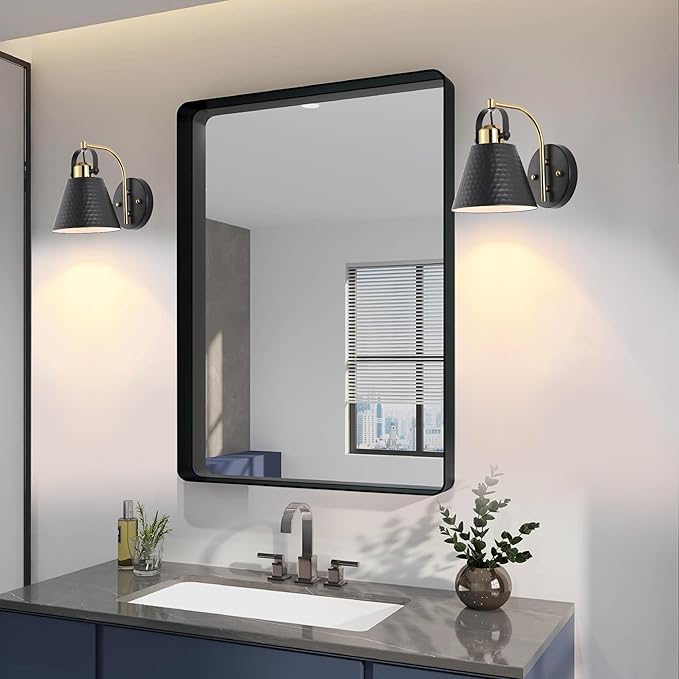 PAZALA Bathroom Sconces Set of 2, Black and Gold Wall Sconces Set of Two, Bathroom Vanity Light with Rotatable Metal Shade, Modern Farmhouse Wall Light Fixtures for Bath Mirror Bedroom Stair Hallway