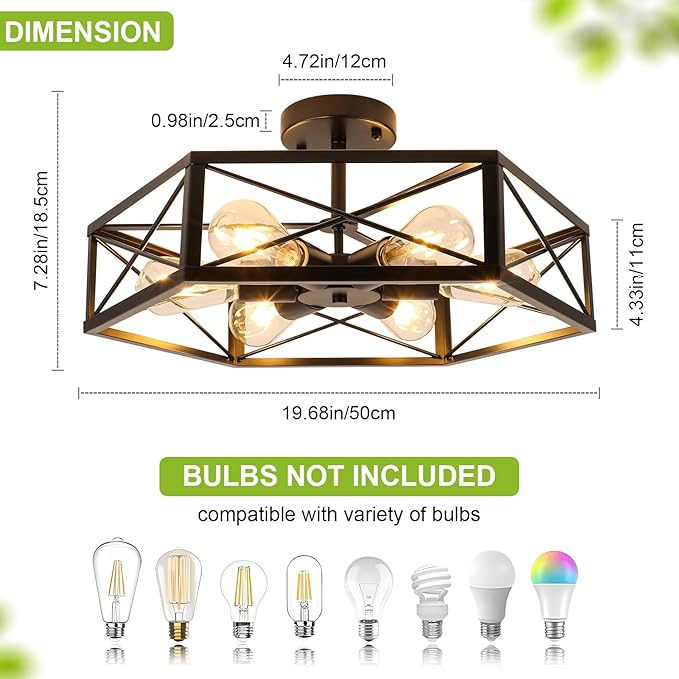 WILON Semi Flush Mount Ceiling Light, Industrial 6 Light Close to Ceiling Light Fixture, Black Dining Room Light Fixture Farmhouse Chandelier for Kitchen Hallway Bedroom Living Room(E26 Socket)