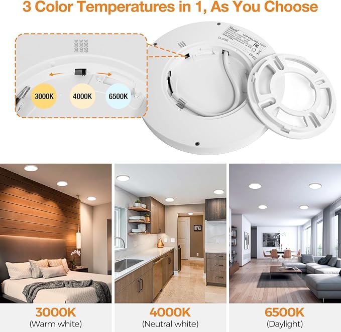 1PACK LED Flush Mount Ceiling Light Fixture, 3000K-4000K-6500K & 100W Equivalent Modern Kitchen Recessed Ceiling Lamp 12W 1200Lm 6.5 Inch Closet Round Surface for Bathroom Laundry Bedroom Hallway