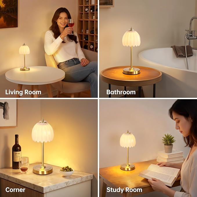 Shenmoyl Set of 2 Tulip Table Lamp with 5000mAh Battery & Touch Control, Cordless Table Lamp with 3 Colors, Dimmable Rechargeable Table Lamps for Bedroom, Living Room, Entryways (White Tulip)