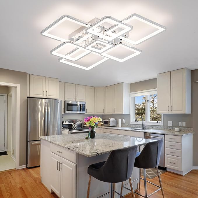 Modern LED Ceiling Light 35.04" Dimmable Chrome Flush Mount Ceiling Light with Remote 7 Rings 90W 3000K-6500K Ceiling Lamp for Living Room,Bedroom,Kitchen