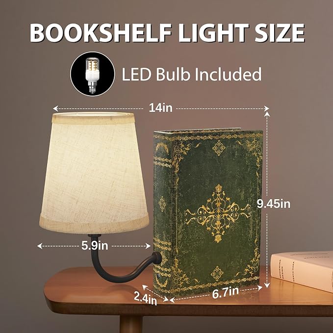 Vintage Bookshelf Lamp Rechargeable, Cordless Book Lamp with Linen Shade, Dimmable Touch Control Table Lamp, Modern Decorative Bookend, Bookshelf Lights for Office Home, Library, Study