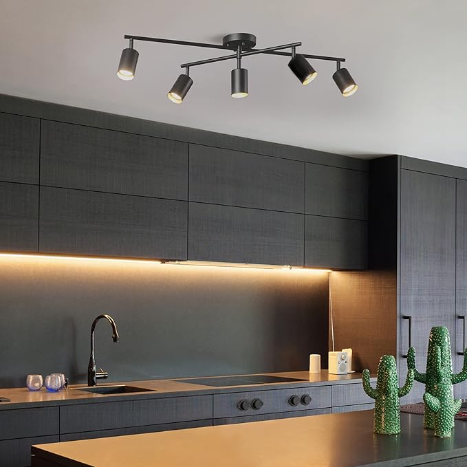 Globe Electric 5-Light Track Lighting, Matte Black, Center Swivel Bar, Adjustable Shades, Dimmable, 64000052