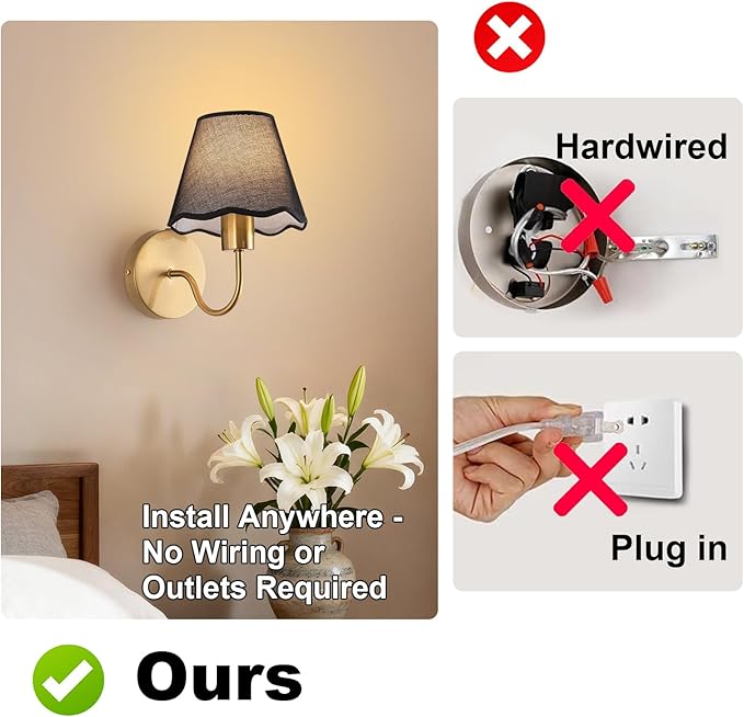 ADISUN Battery Operated Wall Sconce Set of 2, Gold Wall Lamps Rechargeable Bulbs for Living Room, Black Rattan Shade, Wireless Wall Lights for Bedroom Living Room Hallway Kitchen(2 Bulbs Included)