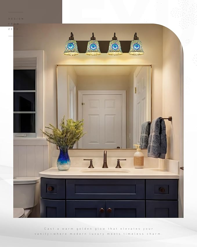 zeyu 4-Light Bathroom Wall Light, 30 Inch Bronze Vanity Lights, Bathroom Lights Over Mirror in Oil Rubbed Bronze Finish with Blue Mosaic Glass, ZSL72B-4W ORB-BL