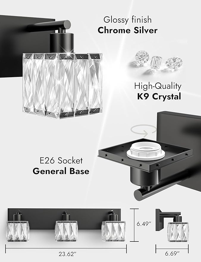 VOLISUN Black Bathroom Light Fixtures, Modern Bathroom Lighting Fixtures Over Mirror, 3 Light Bathrooms Vanity Light, Crystal Vanity Light for Bathrooms-UL Certificated(Exclude Bulb)