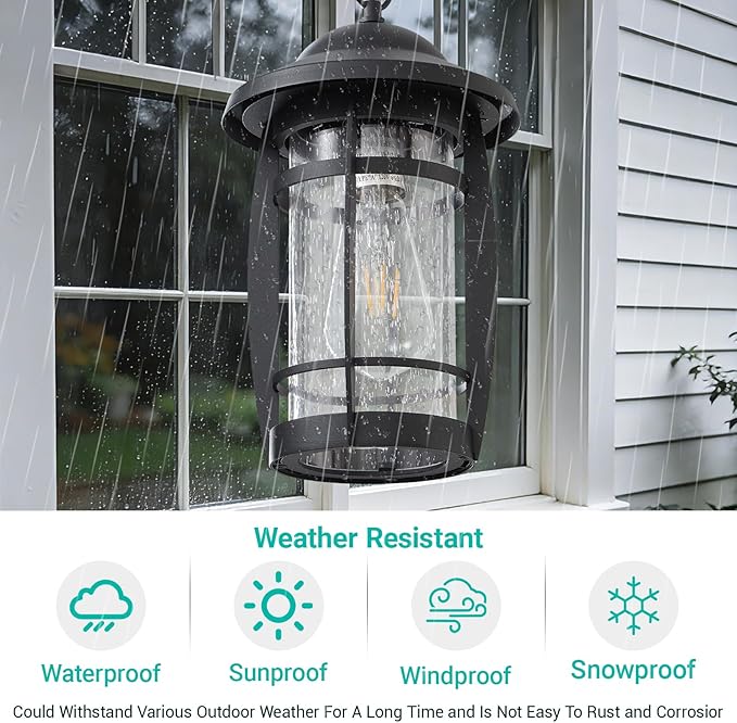 LOUSACE Outdoor Pendant Light - Adjustable Exterior Hanging Light Fixture Matte Black 1-Light Outdoor Chandelier Lantern Waterproof Aluminum with Seeded Glass for Front Porch, Gazebo, Patio, ETL List