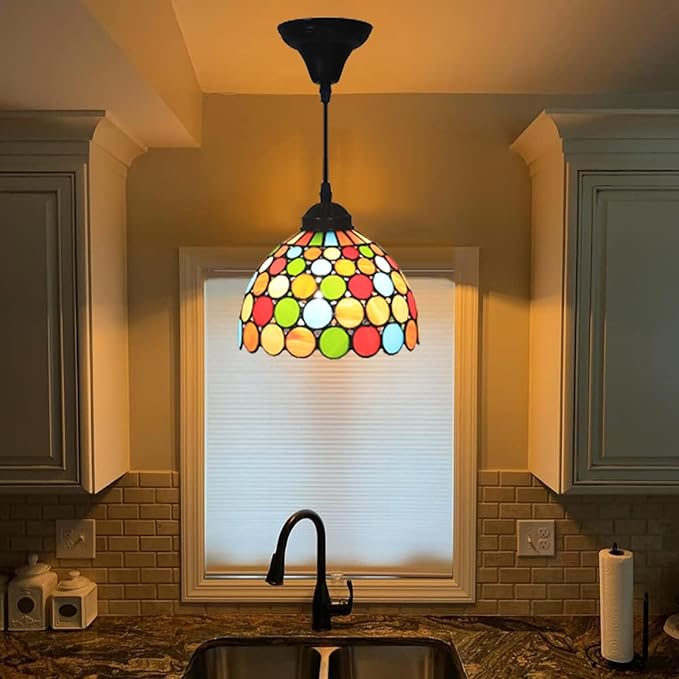 Stained Glass Hanging Lamp, Small Pendant Lights, Height Adjustable Vintage Chandelier Light Fixture, Wide 8 Inch