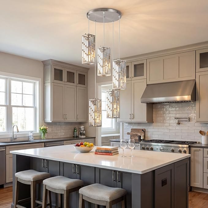 Brushed Nickel Pendant Lighting Modern Pendant Light, Mini Crystal Chandeliers,Adjustable Pendant Light Fixture for Kitchen Island Dinning Room Bedroom (5 Light)