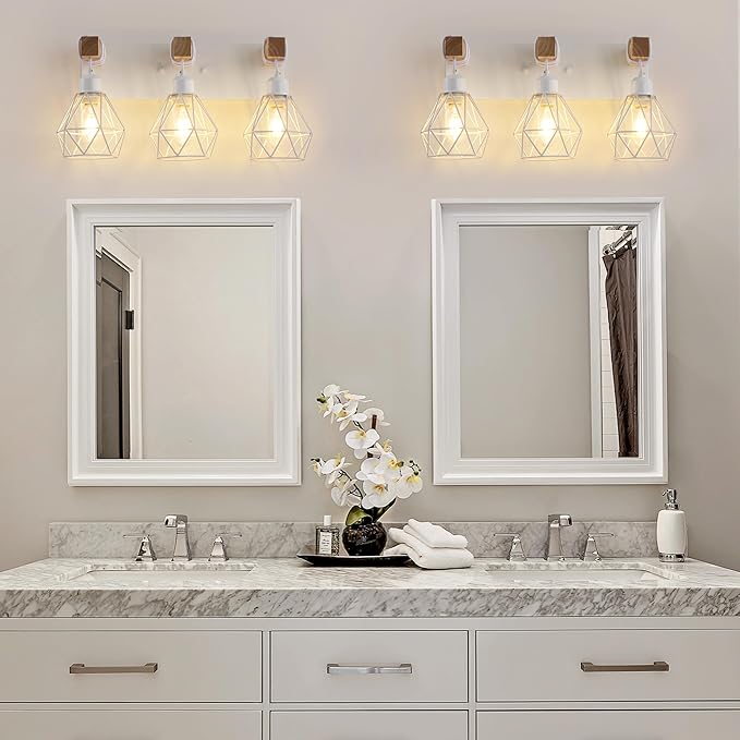 Farmhouse Vanity Light for Bathroom, 3-Light White Wood Bathroom Vanity Light Fixtures Over Mirror, Rustic Sconces Wall Lighting with Metal Lampshade for Living Room, Bedroom, Hallway