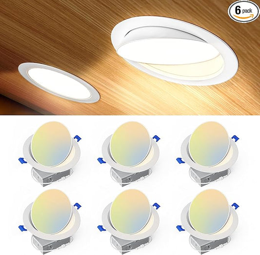 Ensenior 6 Pack 6 inch 5CCT LED Eyeball Recessed Lighting, 360°+90° Rotatable, Dimmable Gimbal Recessed Lights, CRI90+, Canless Angled Adjustable Ceiling Downlight, 1300LM, 12W=115W, 120V - ETL&FCC