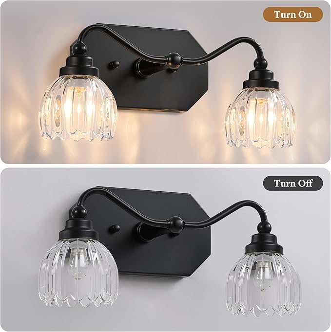 Vintage Bathroom Light Fixtures, 2 Light Bathroom Vanity Light, Black Matte Antique Brass Finish with Crystal Glass Shade, Mid Century Wall Sconces for Bedroom, Living Room, Hallway