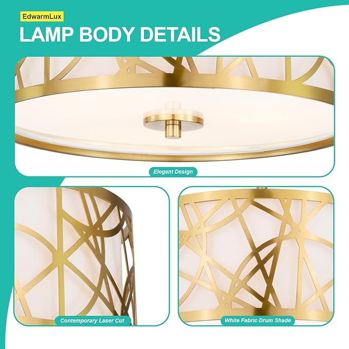 3-Light Semi Flush Mount Ceiling Light, 12.6" Drum Light with White Fabric Shade, Modern Close to Ceiling Lamp for Living Room Bedroom Dining Kitchen Hallway Entry Foyer (Brushed Gold)