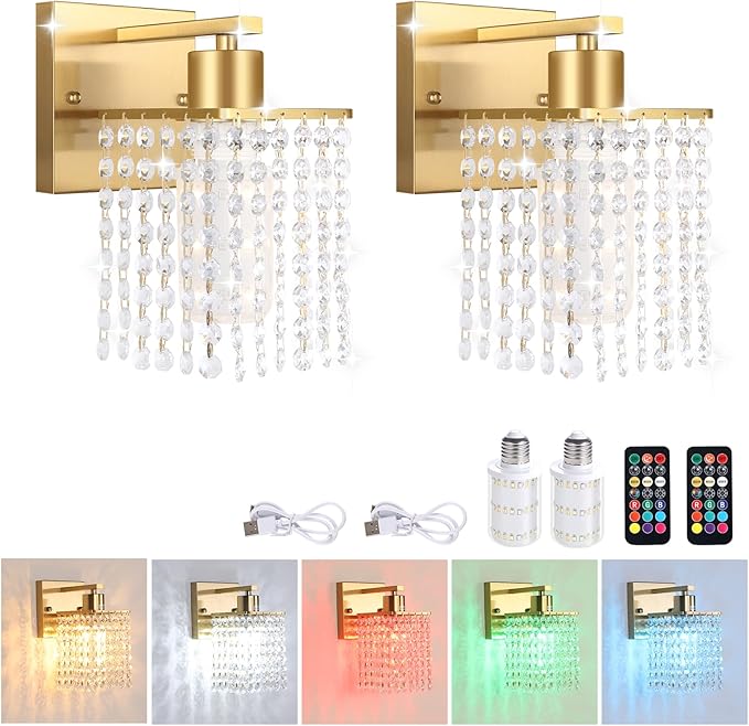 Shenmoyl Set of 2 Crystal Battery Operated Wall Sconce,Rechargeable Wall Lamp with 5200mAh Battery & Remote Control, Modern Dimmable Wireless Wall Lights for Bedroom Bathroom (Clear, Gold Base)