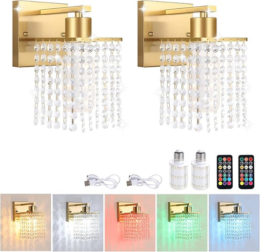 Shenmoyl Set of 2 Crystal Battery Operated Wall Sconce,Rechargeable Wall Lamp with 5200mAh Battery & Remote Control, Modern Dimmable Wireless Wall Lights for Bedroom Bathroom (Clear, Gold Base)
