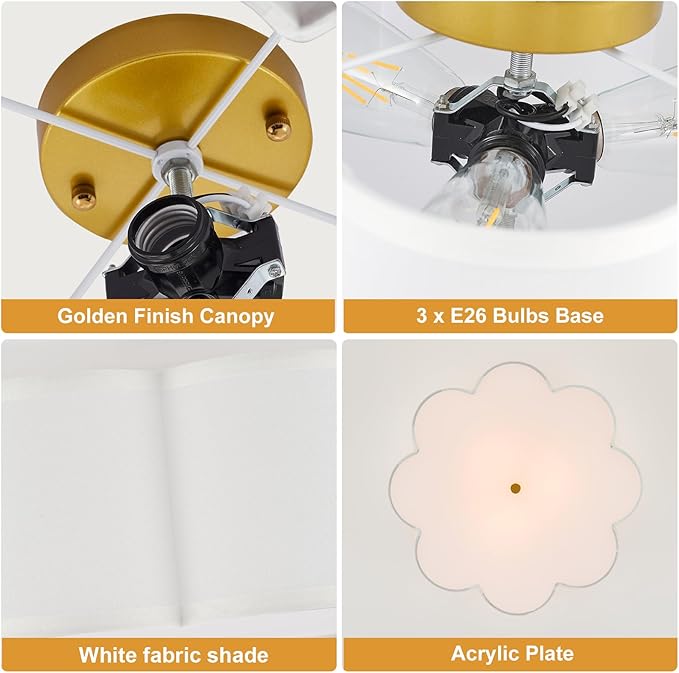 12.99“ Semi Flush Mount Ceiling Light Fixture Modern 3-Lights Gold Drum Ceiling Lighting Vintage Linen Ceiling Lamp for Laundry Room, Kitchen, Basement, Dining Room, Bedroom