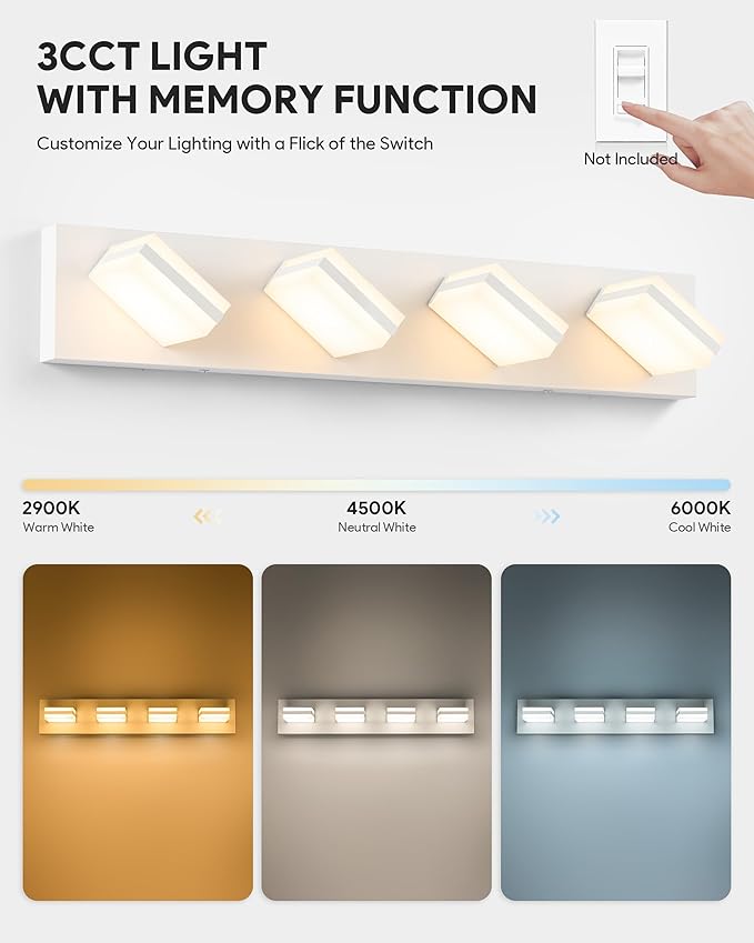 VONLUCE Bathroom Vanity Light Fixture, 4-Light Modern LED Vanity Light, 3CCT Adjustable Bathroom Lights with Memory Function Rotatable Shades, 26" Wall Lighting Fixture Over Mirror, Matte White