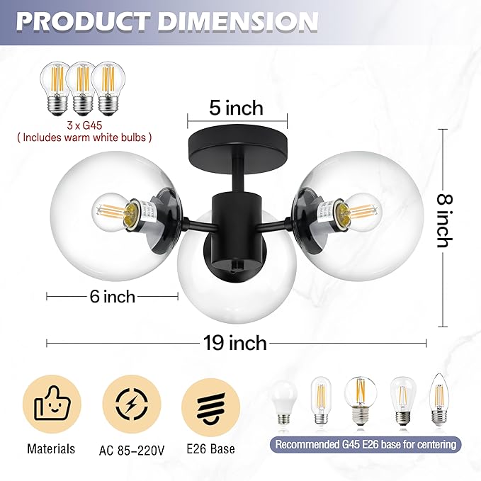 Mid Century 3-Light Clear Globe Glass Black Chandelier 19 Inch Modern Black Semi Flush Mount Ceiling Lights Modern Light Fixtures Ceiling Lights Fixture for Bedroom Hallway Entryway