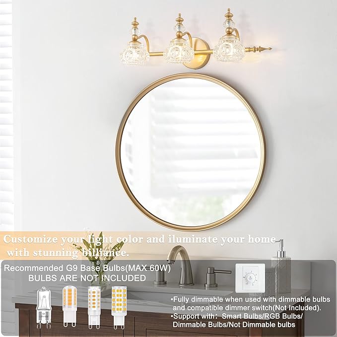 Bathroom Vanity Light Fixtures, Farmhouse Vintage Wall Sconce Lighting with Glass Shade, Bath Vintage Wall Mounted Lamps for Mirror (3 Lights,Gold,G9 Base)