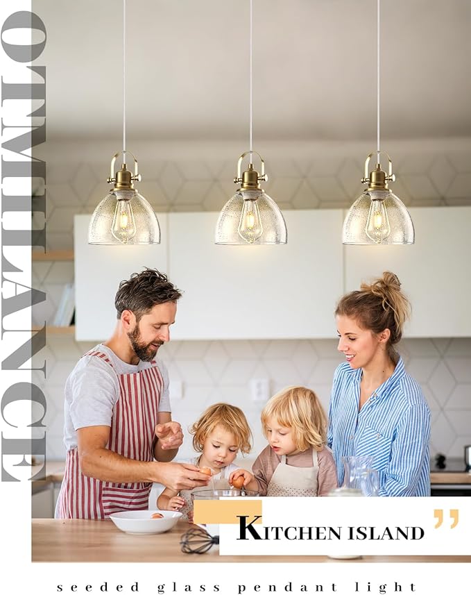 Gold Pendant Lights 2 Pack, 7.5 Inch Seeded Glass Pendant Light, Gold Farmhouse Pendant Light Kitchen Island, Glass Kitchen Pendant Lights for Kitchen Island, Dining Room, Living Room