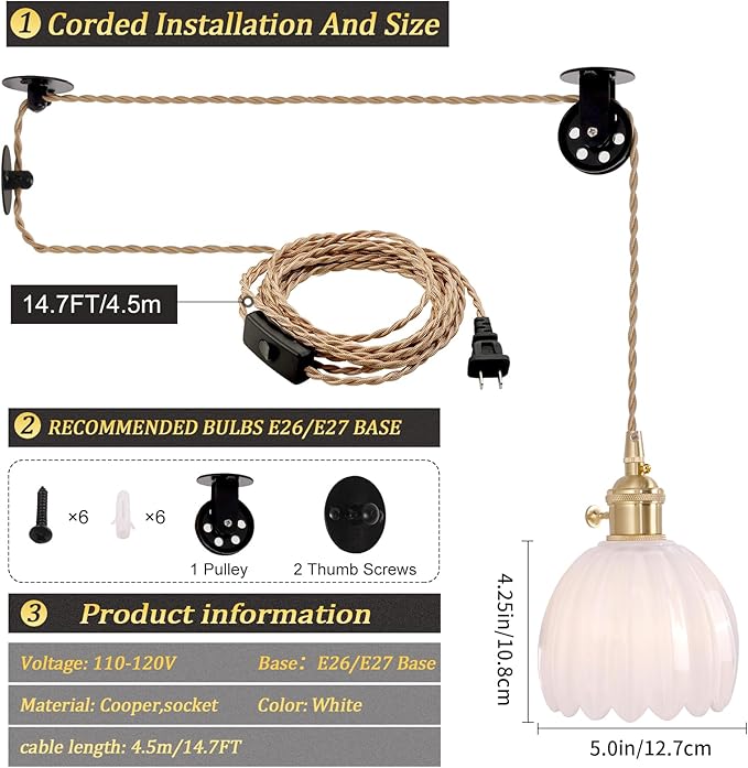 Shenmoyl Plug in Pendant Light Hanging Light Fixture Corded On/Off Switch Brass Pendant Light with White Tulip Glass Lampshade for Bedroom Living Room Kitchen Island