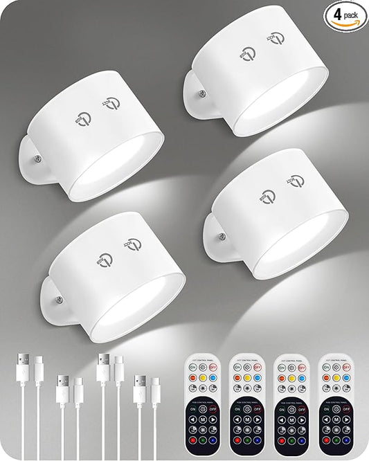 Battery Operated Wall Sconces 4 Pack, Rechargeable Wall Sconce with Remote Control, 3 Color Temp & 3 RGB & Dimmable, Cordless Wall Mount Llight for Hallway, Bedroom, White W02YBP406