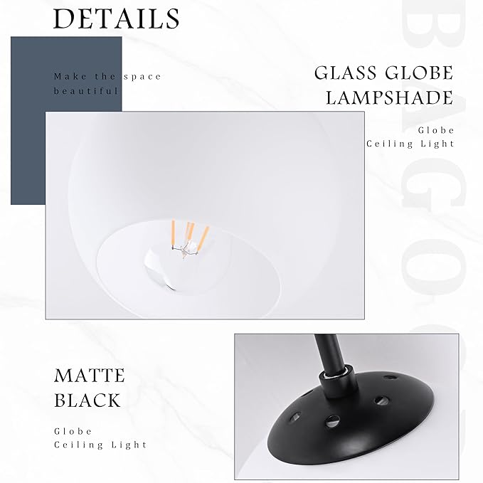 Black Semi Flush Mount Ceiling Light Fixture Milk Glass Light Fixture Mid Century Flush Mount Ceiling Light Black Flush Mount Ceiling Light Schoolhouse Light Fixture for Dining Room(Bulb Incl.)