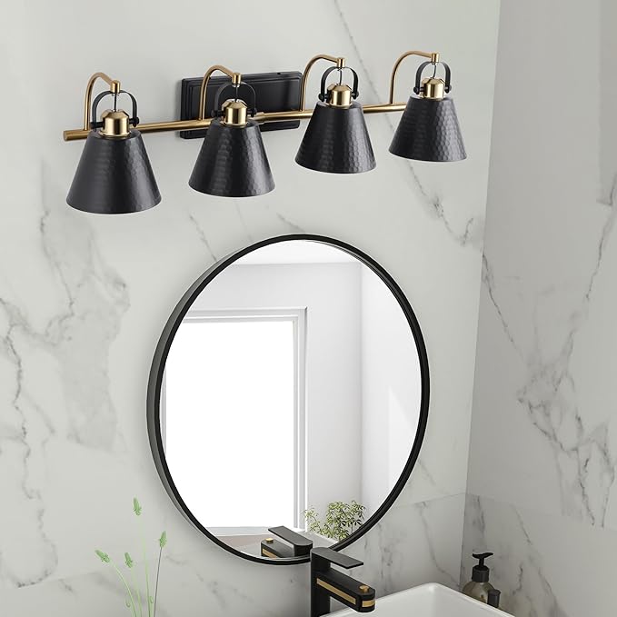 PAZALA Black and Gold Vanity Light, 4-Lights Farmhouse Vanity Light, Bathroom Light Fixtures Over Mirror, 24inch Modern Bathroom Wall lamp for Bath Mirror Living Room Cabinet Bedroom