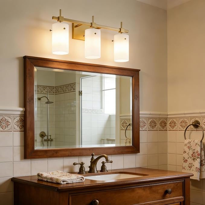 SOLFART 3-Light Bathroom Vanity Light, Modern Brushed Gold Wall Lights with Milky White Clear Glass Shades, Bathroom Wall Sconce Lamp for Mirror Living Room Bedroom Hallway (Bulbs Not Included)